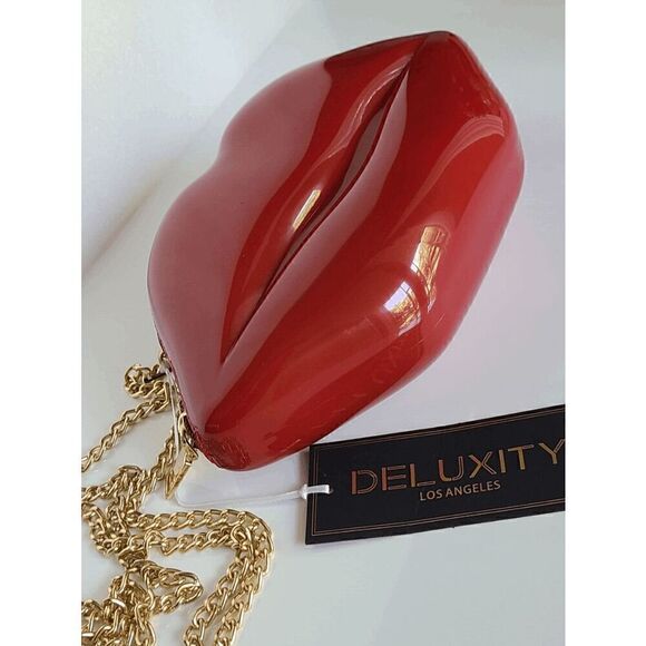 💋 Deluxity Red Lips Gold Chain Jelly Cute Chic Clutch Crossbody Bag NWT - Picture 12 of 16